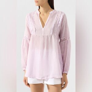 120% Lino Peasant Lace Detailing Long Sleeve Tunic Top In Light Pink Size M